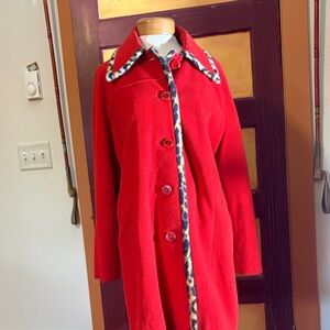 Vintage Red Wool Coat with Faux Leopard Trim
